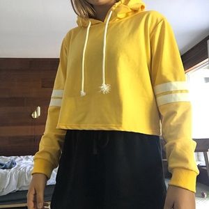 Yellow cropped hoodie with white stripes